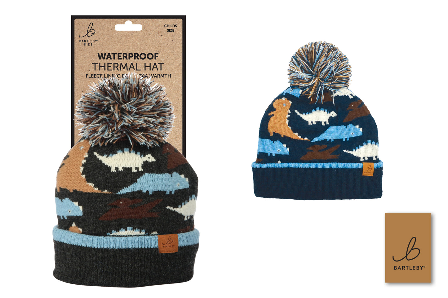 Childs Waterproof Dinosaur Thermal Bobble Hat